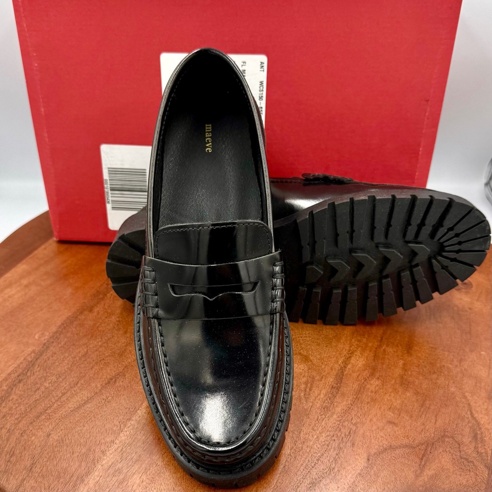 Anthropologie Maeve Lug Sole Loafer Black Leather Chunky Heel Womens EU38/US7.5